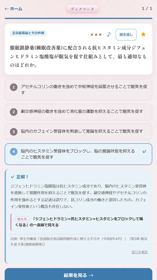問題の解説画面。催眠鎮静薬に配合される抗ヒスタミン成分についての4択問題に正解し、解説・覚え方・出典（厚生労働省の手引き 第3章）が表示されている